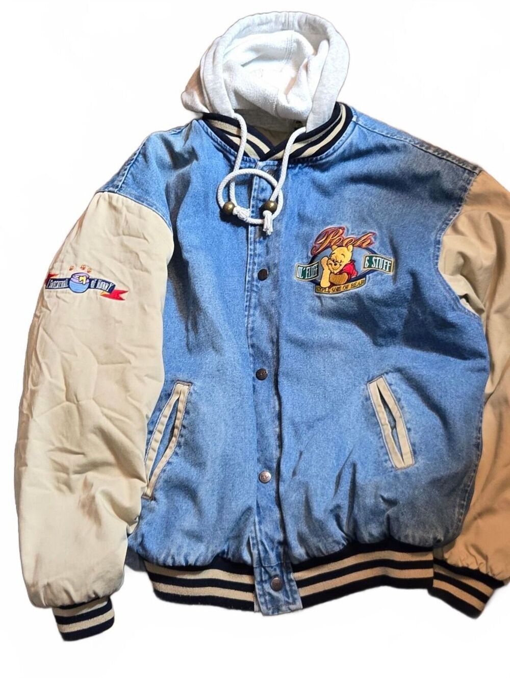 Vintage Disney Winnie Pooh blue Denim Varsity Jacket L 1966 Classic with hood